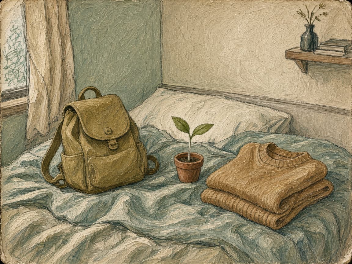 A sketch of a backpack and a small plant on a rumpled bed