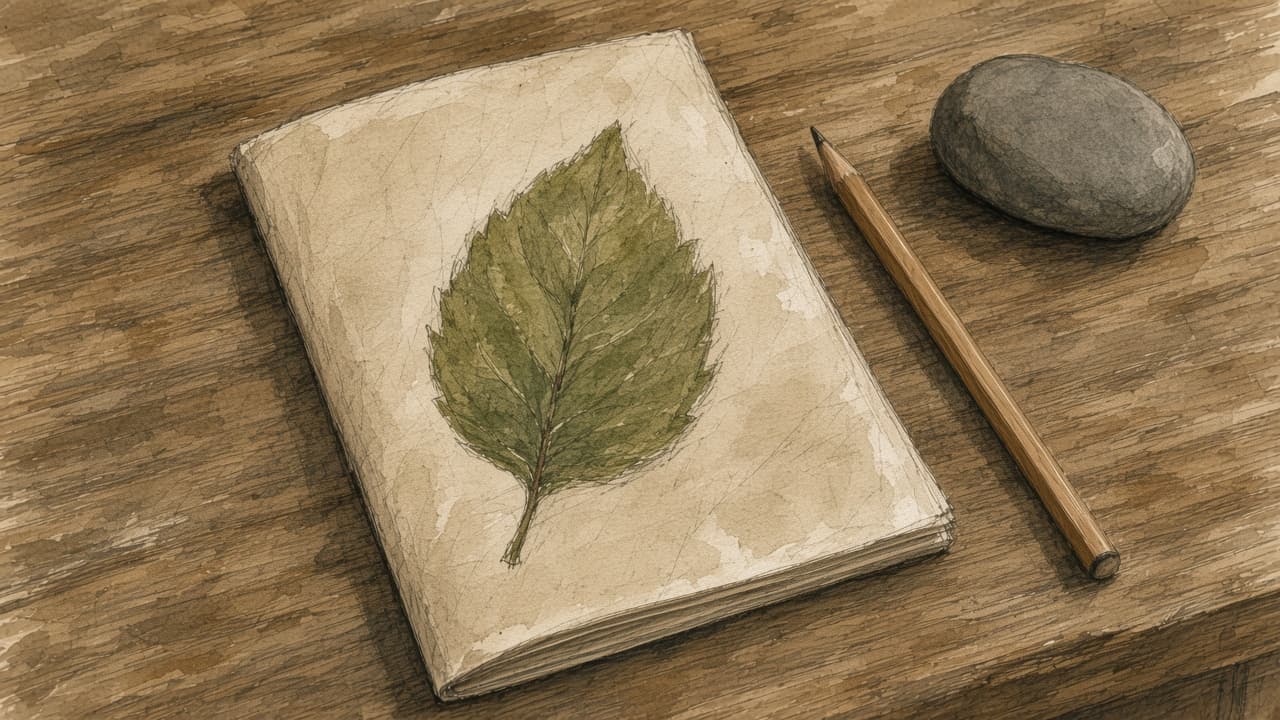 A sketch of a small handmade booklet, a pencil, and a stone on a table