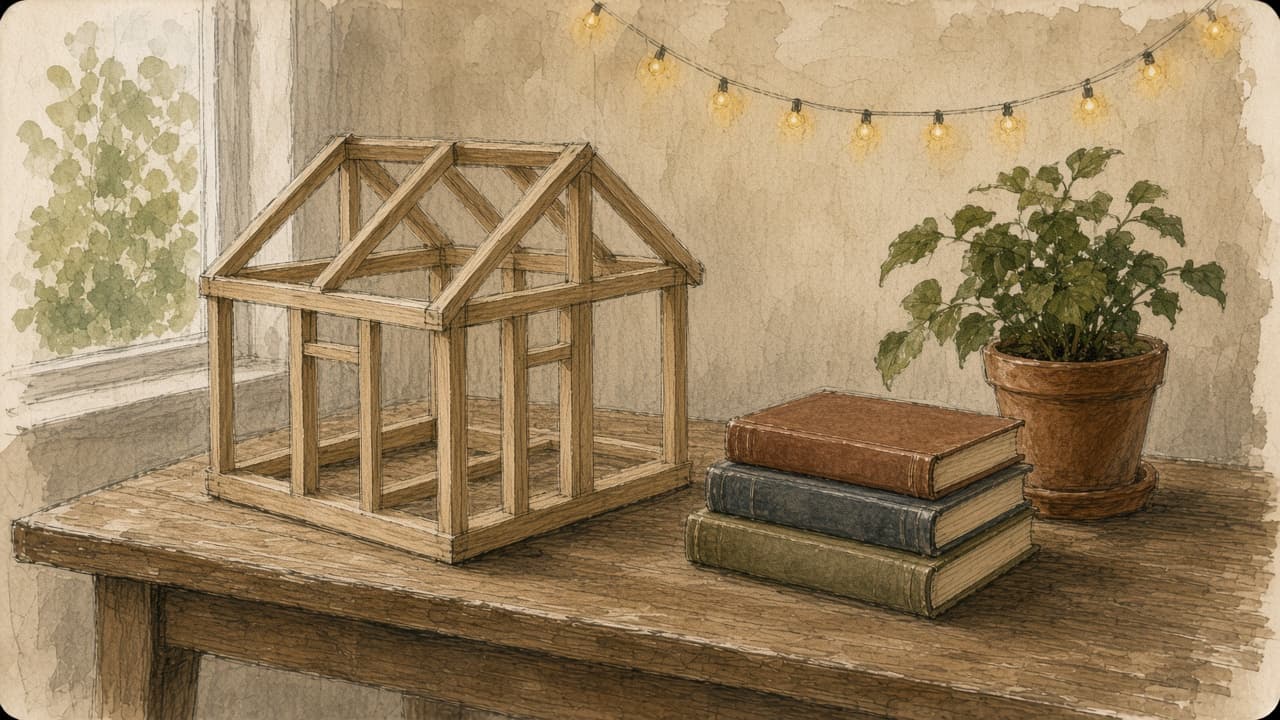 A sketch of a small wooden house frame, a stack of books, and a plant on a work table