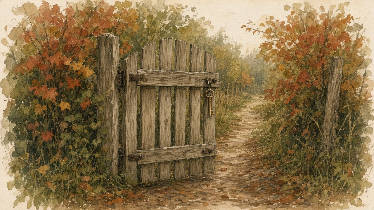 A sketch of a wooden garden gate with a key hanging beside a path