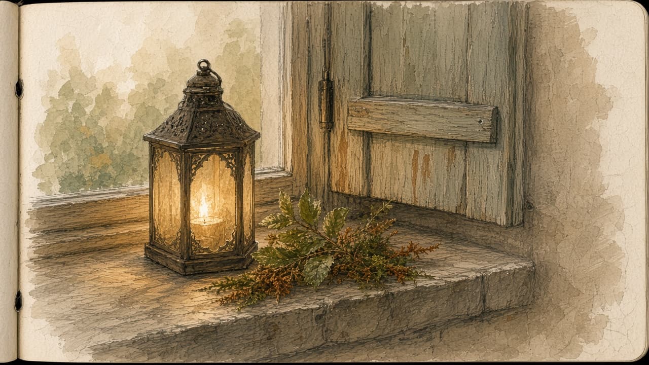 A sketch of a glowing lantern hanging in a quiet stone passage