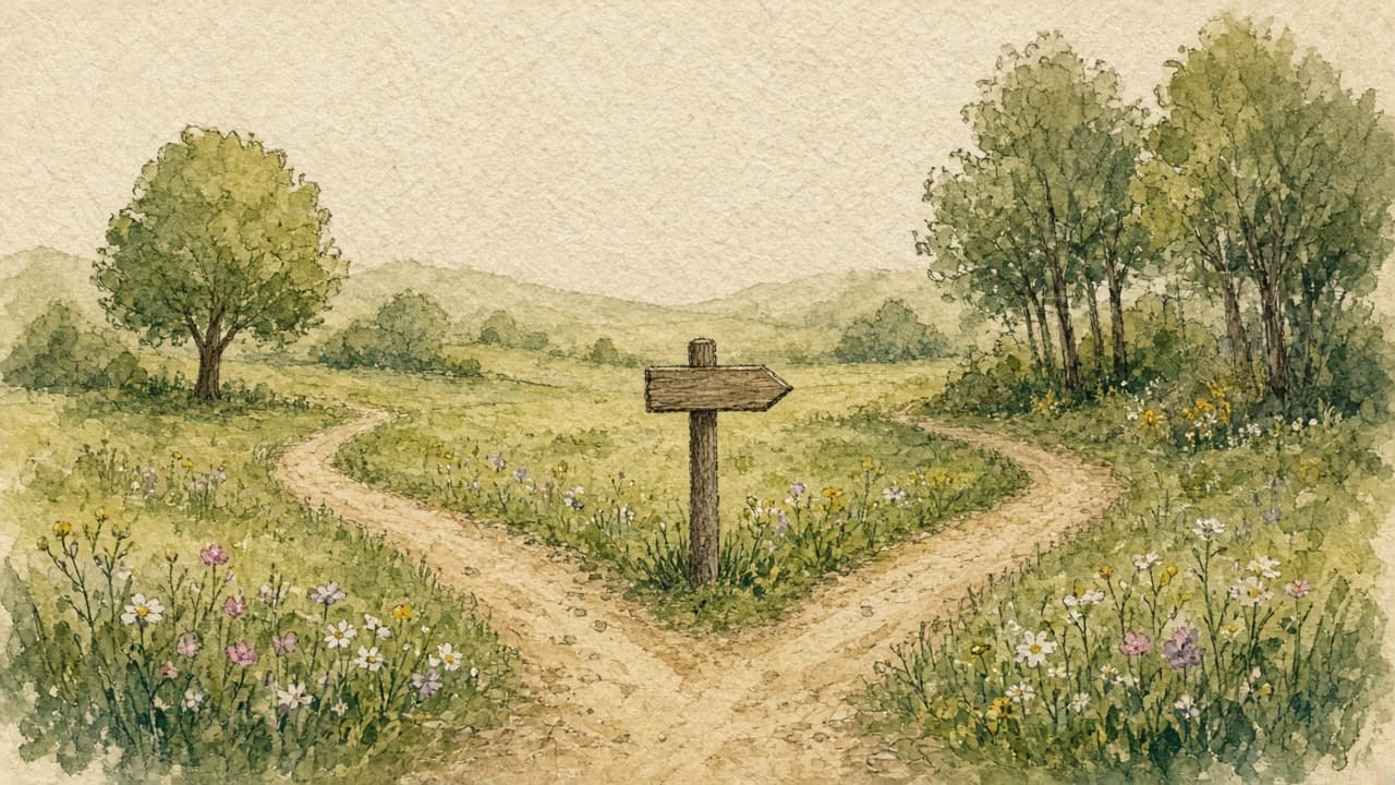 A painted meadow with two winding paths and a wooden signpost