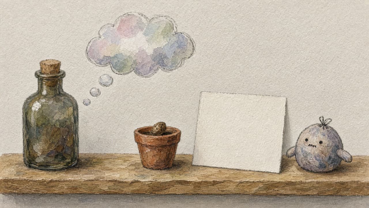 A painted wooden shelf holding a calm bottle, a thought cloud, a seed pot, a card, and a small companion