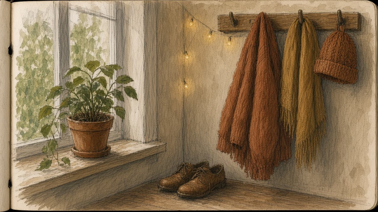 A sketch of a wooden peg rail with a cardigan, a scarf, a hat, and shoes