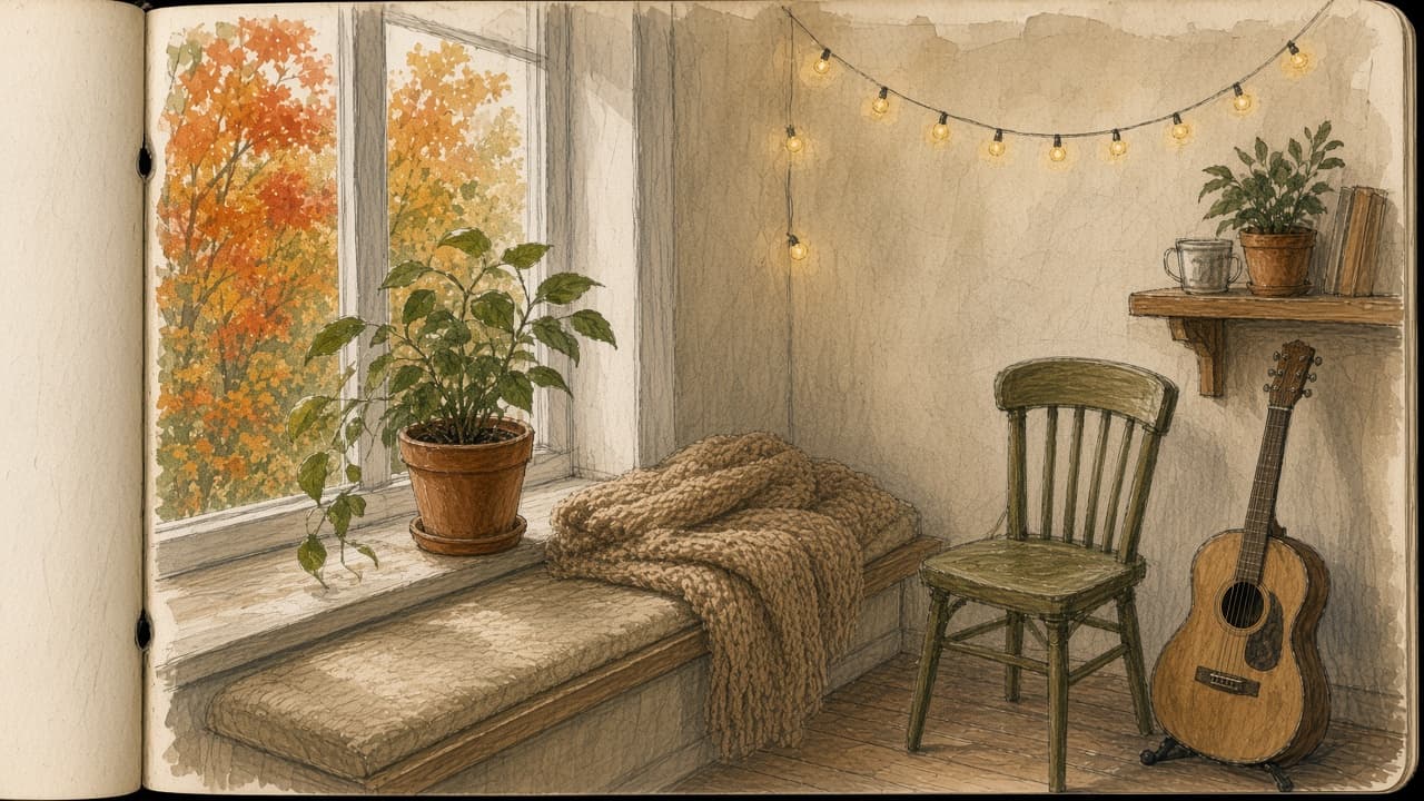 A sketch of a window seat with a cushion, a blanket, and a plant on the sill