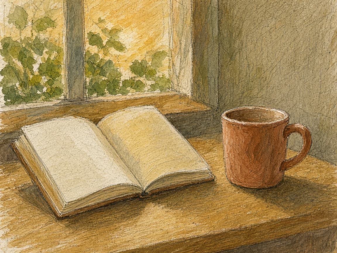A sketch of an open notebook and a mug on a kitchen table