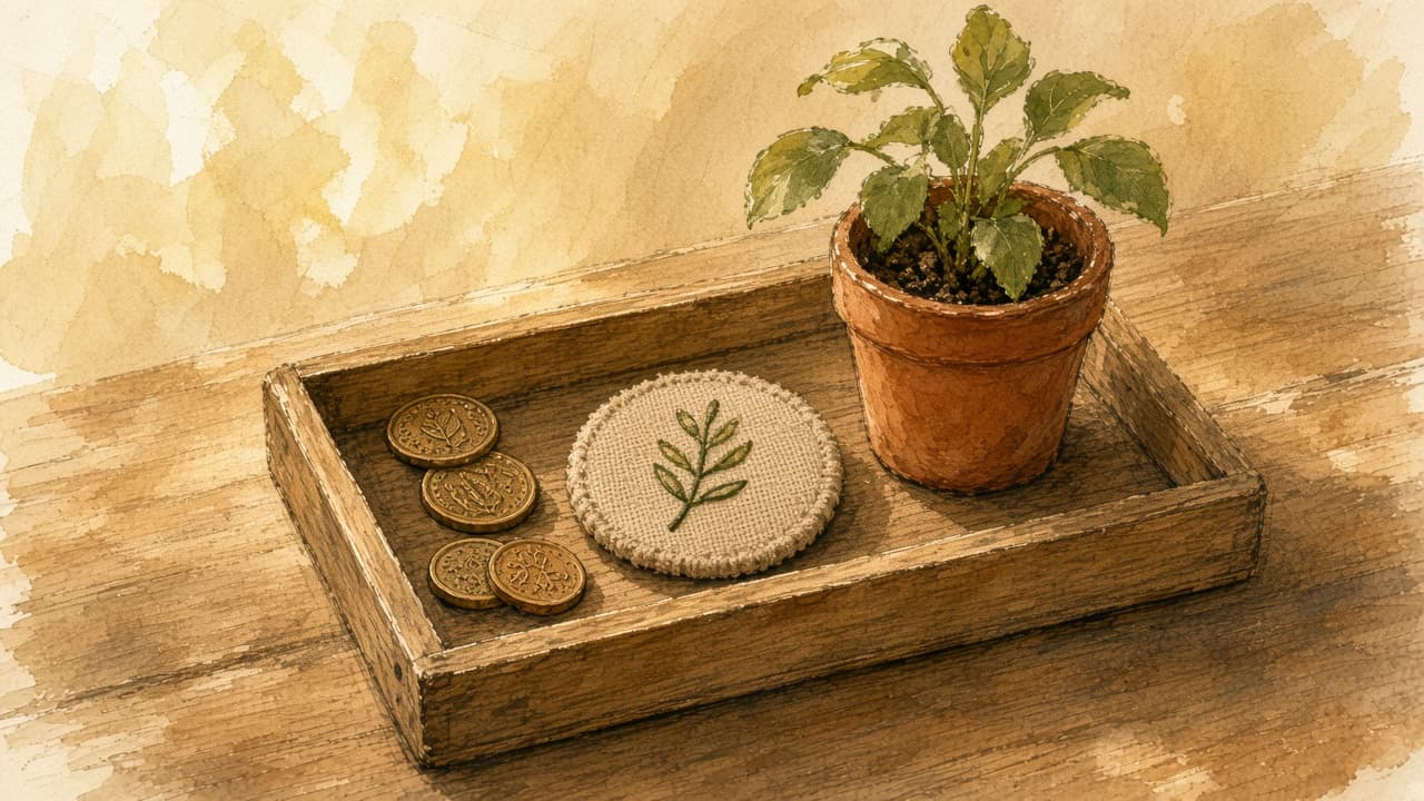 A sketch of a wooden tray holding a few coins, a stitched token, and a small plant