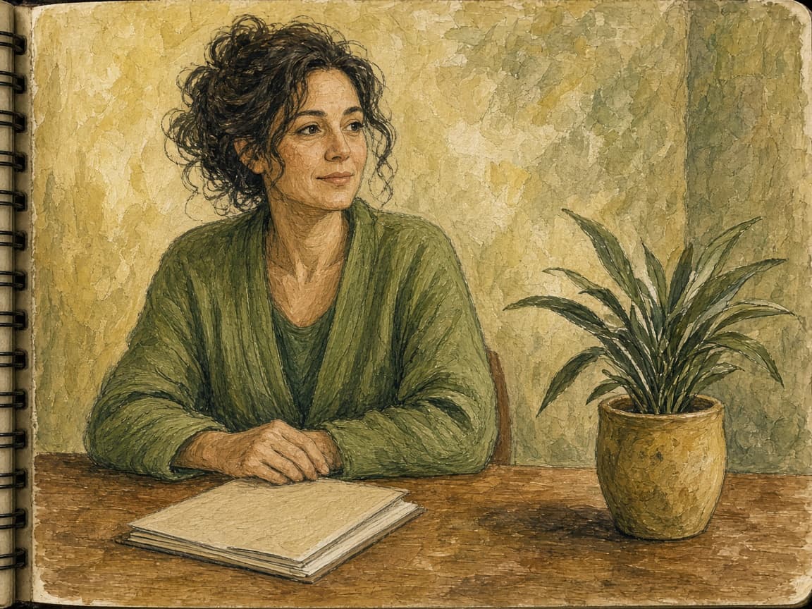 A sketch of a therapist at a wooden desk with a notebook and a plant