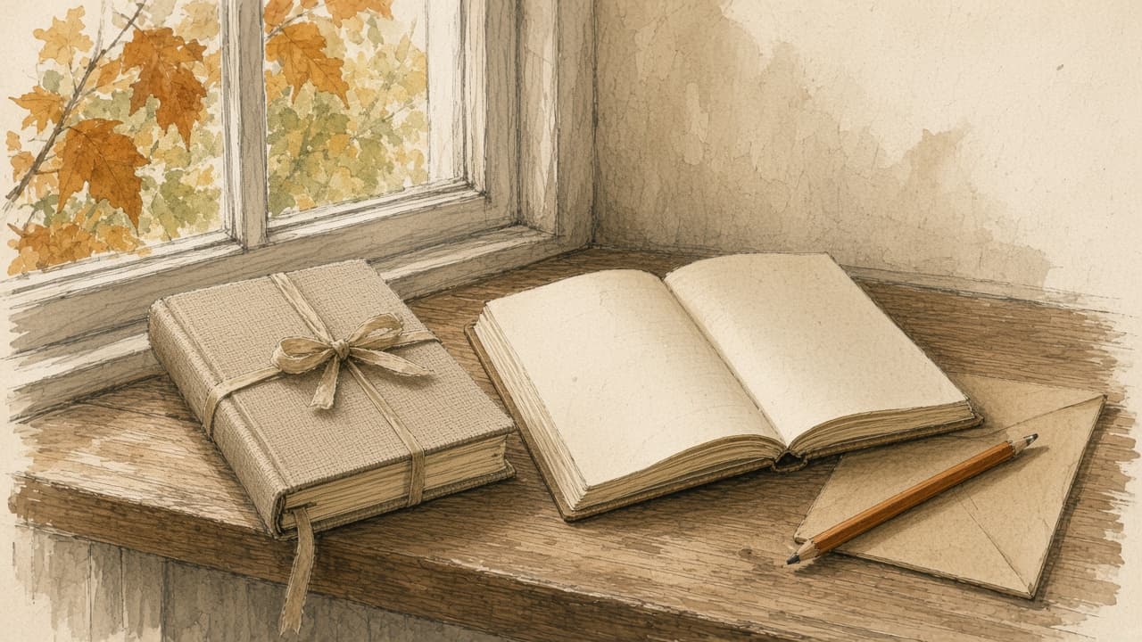 A sketch of a closed journal, an open blank notebook, and an envelope on a windowsill