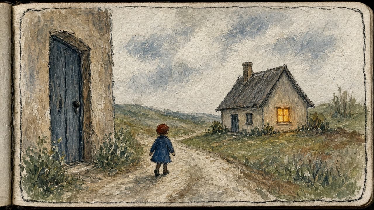 A sketch of a small figure walking a path from a town door toward a house