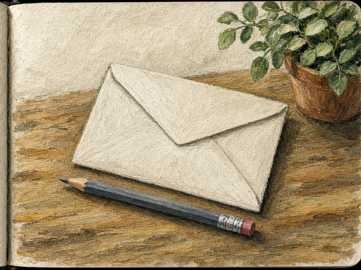 A sketch of a sealed envelope and a pencil on a table