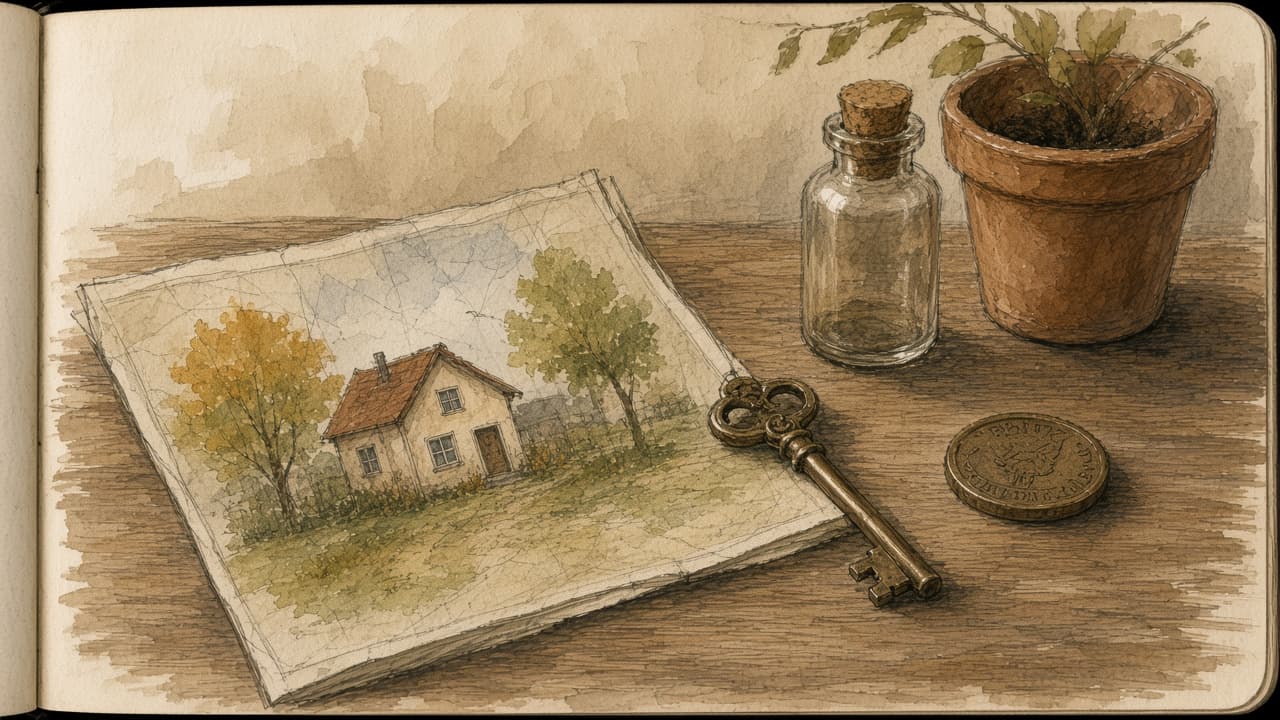 A sketch of a table with a folded map, a key, and a small bottle