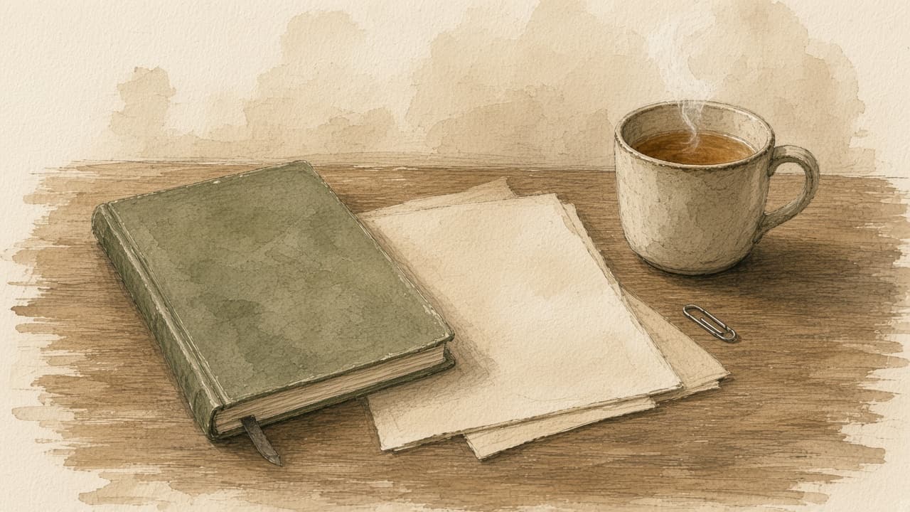 A sketch of a folder, blank pages, and a cup of tea on a wooden table